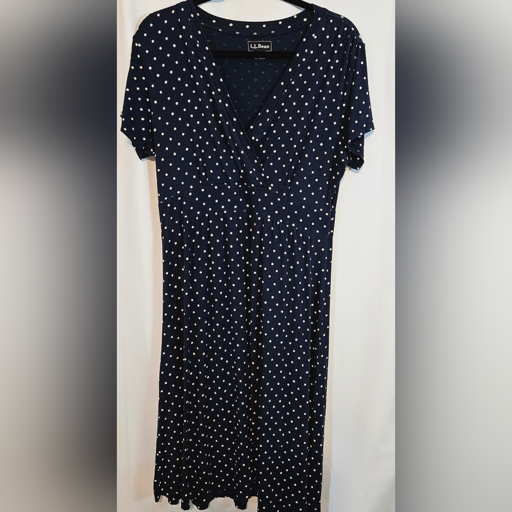 L.L. Bean Navy-blue & White Polka Dot Midi A-Line Dress